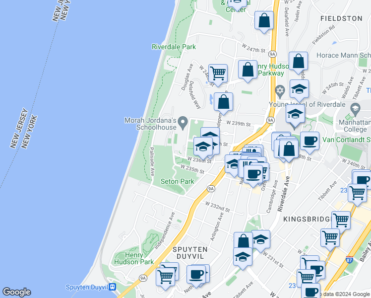 map of restaurants, bars, coffee shops, grocery stores, and more near 3671 Hudson Manor Terrace in Bronx