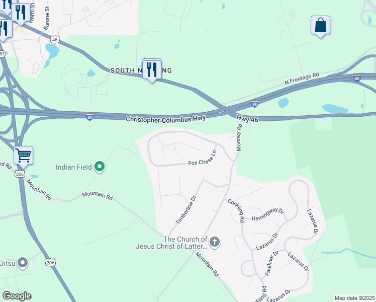 map of restaurants, bars, coffee shops, grocery stores, and more near 9 Long Ridge Court in Roxbury Township