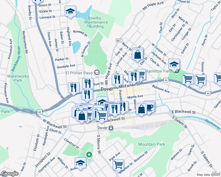 map of restaurants, bars, coffee shops, grocery stores, and more near 14 Mount Hope Avenue in Dover