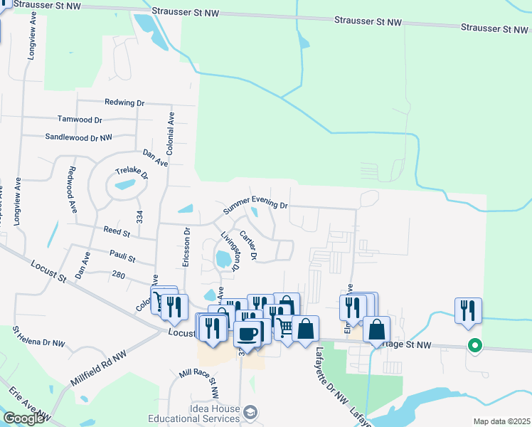 map of restaurants, bars, coffee shops, grocery stores, and more near 965 Bering Drive in Canal Fulton
