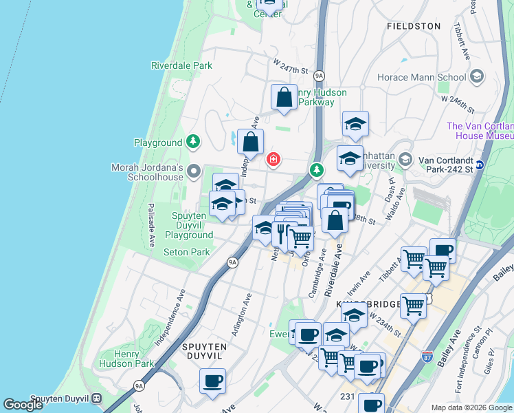 map of restaurants, bars, coffee shops, grocery stores, and more near 640 West 237th Street in The Bronx