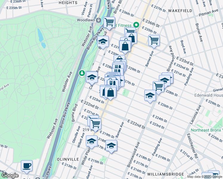 map of restaurants, bars, coffee shops, grocery stores, and more near 3975 A White Plains Road in The Bronx