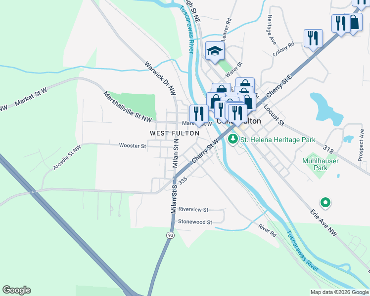 map of restaurants, bars, coffee shops, grocery stores, and more near 408 Milan Street North in Canal Fulton