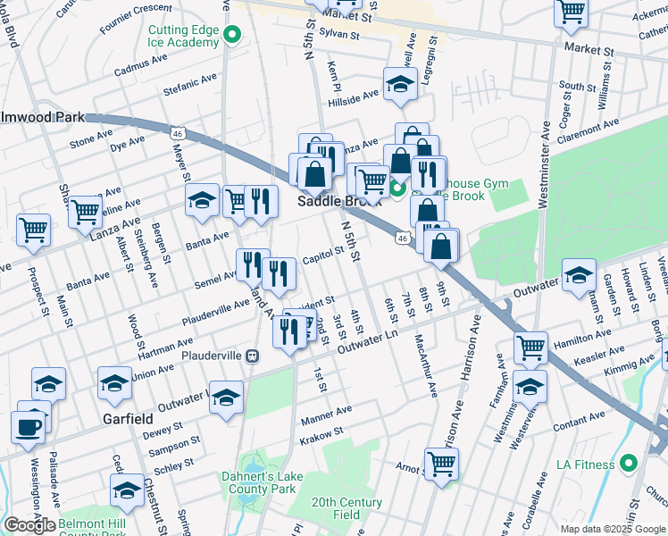 map of restaurants, bars, coffee shops, grocery stores, and more near 271 4th Street in Saddle Brook