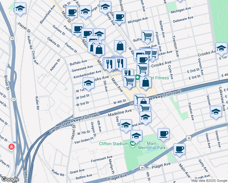 map of restaurants, bars, coffee shops, grocery stores, and more near 112 West 2nd Street in Clifton
