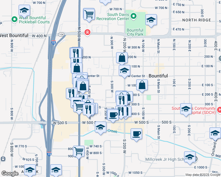 map of restaurants, bars, coffee shops, grocery stores, and more near 62 South 300 West in Bountiful
