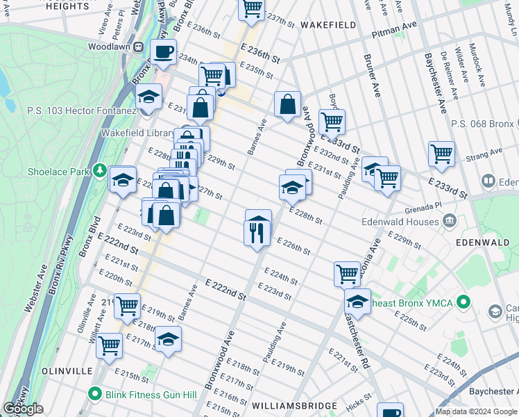 map of restaurants, bars, coffee shops, grocery stores, and more near 826 East 228th Street in The Bronx