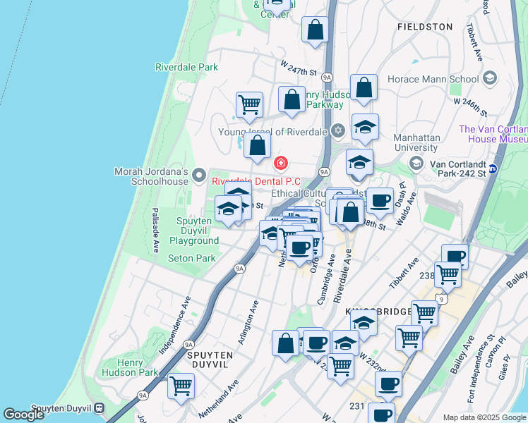 map of restaurants, bars, coffee shops, grocery stores, and more near 636 West 238th Street in Bronx