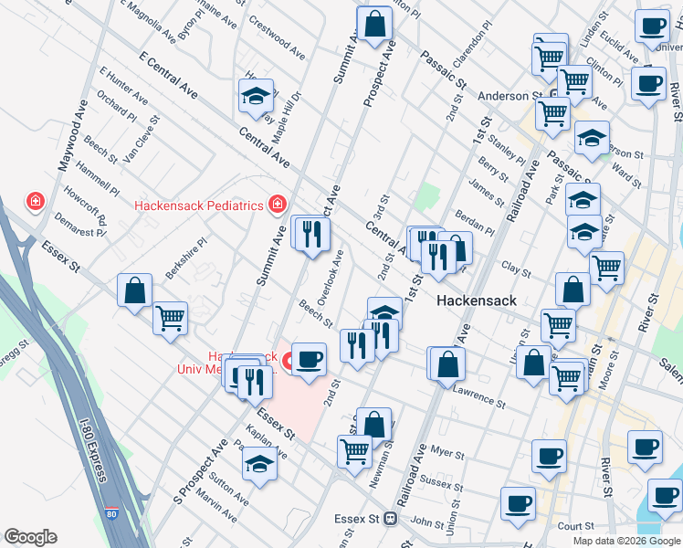 map of restaurants, bars, coffee shops, grocery stores, and more near 284 American Legion Drive in Hackensack