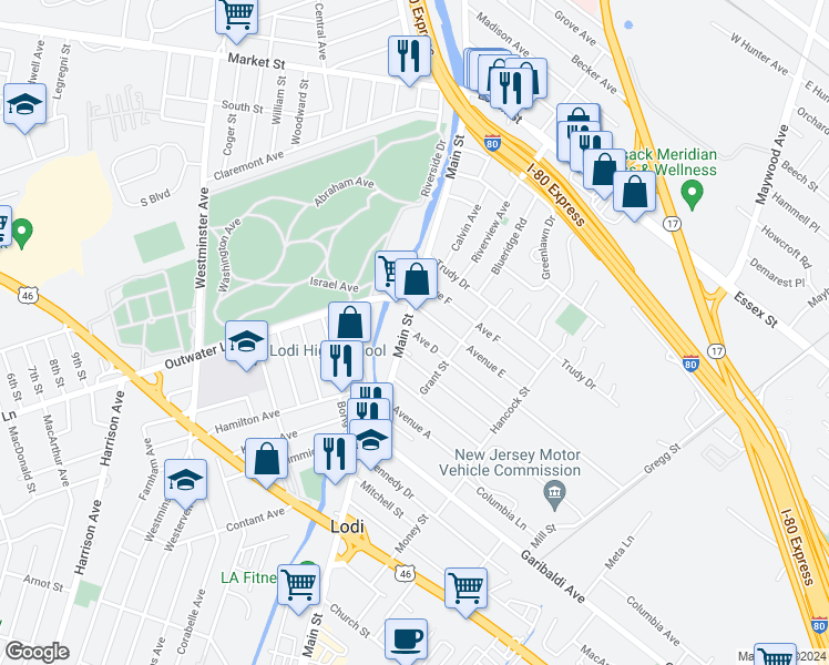 map of restaurants, bars, coffee shops, grocery stores, and more near 452 Main Street in Lodi