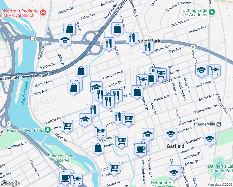 map of restaurants, bars, coffee shops, grocery stores, and more near 43 Garwood Court South in Garfield