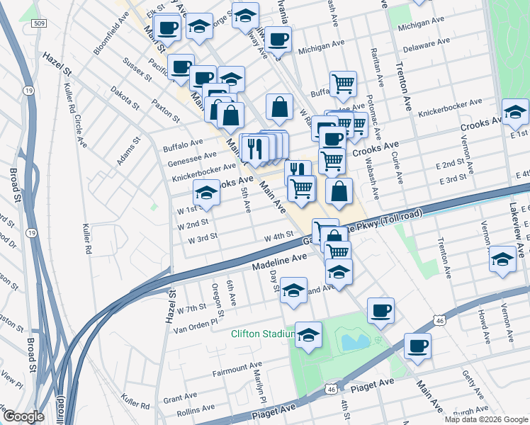 map of restaurants, bars, coffee shops, grocery stores, and more near 112 West 2nd Street in Clifton