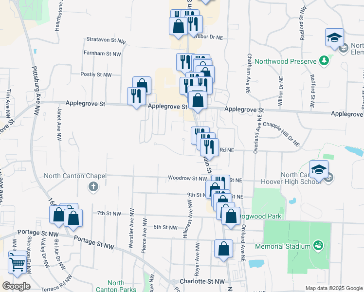 map of restaurants, bars, coffee shops, grocery stores, and more near 1113 North Main Street in North Canton