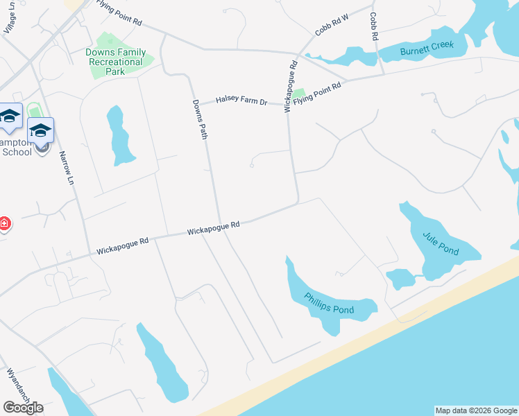 map of restaurants, bars, coffee shops, grocery stores, and more near 451 Wickapogue Road in Southampton