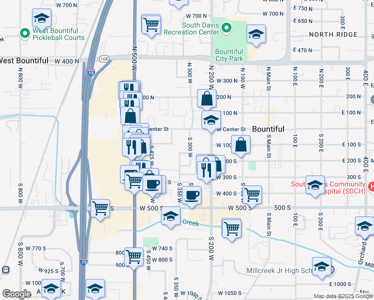 map of restaurants, bars, coffee shops, grocery stores, and more near 62 South 300 West in Bountiful