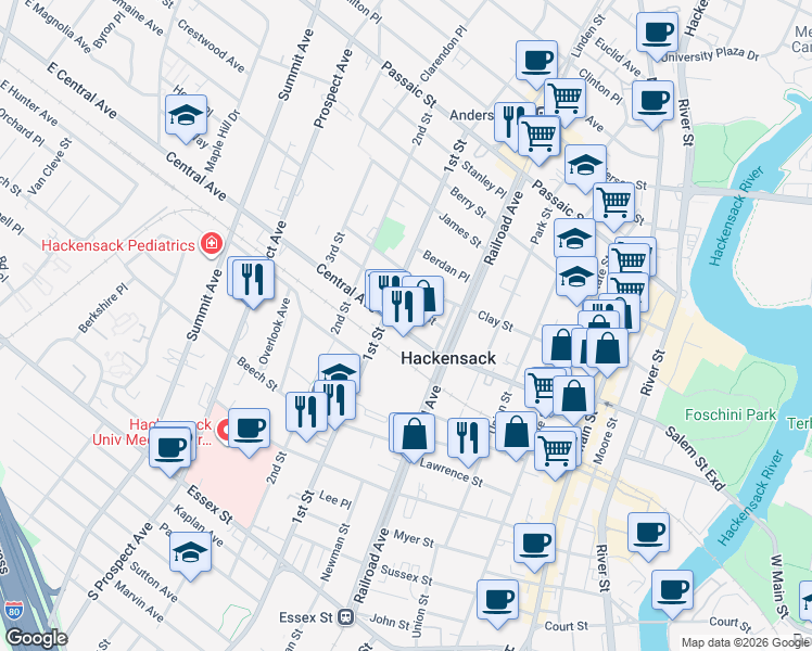 map of restaurants, bars, coffee shops, grocery stores, and more near 195 High Street in Hackensack