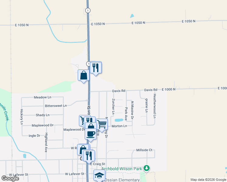 map of restaurants, bars, coffee shops, grocery stores, and more near 309 Davis Road in Ossian