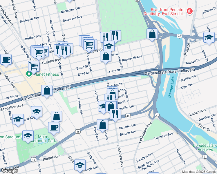 map of restaurants, bars, coffee shops, grocery stores, and more near Lakeview Ave & E 6th St in Clifton