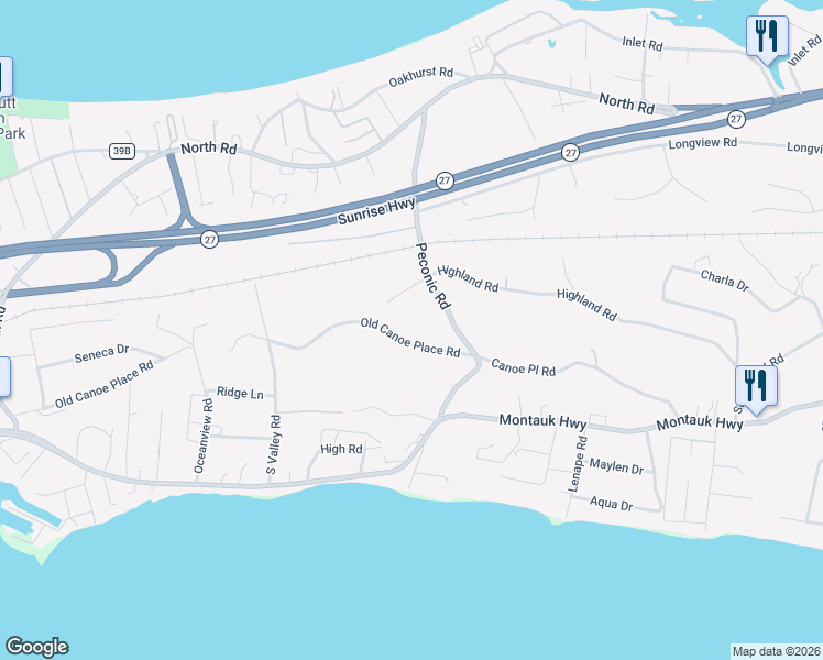 map of restaurants, bars, coffee shops, grocery stores, and more near 5 Highland Road in Southampton