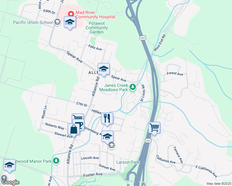 map of restaurants, bars, coffee shops, grocery stores, and more near 1400 30th Street in Arcata