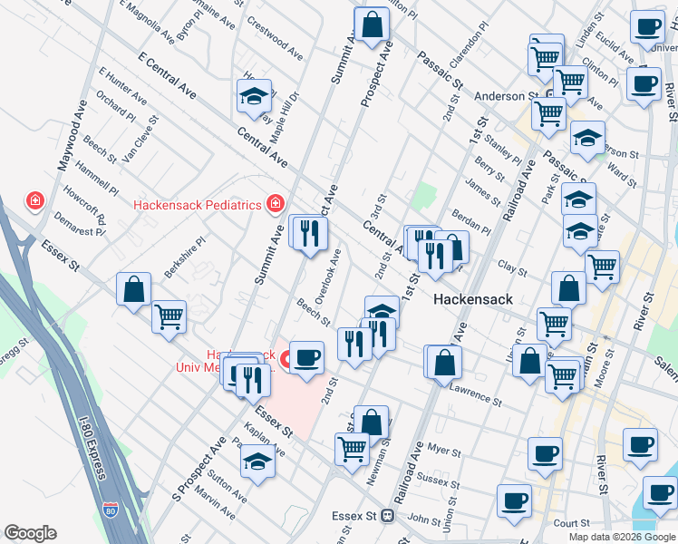 map of restaurants, bars, coffee shops, grocery stores, and more near 284 American Legion Drive in Hackensack