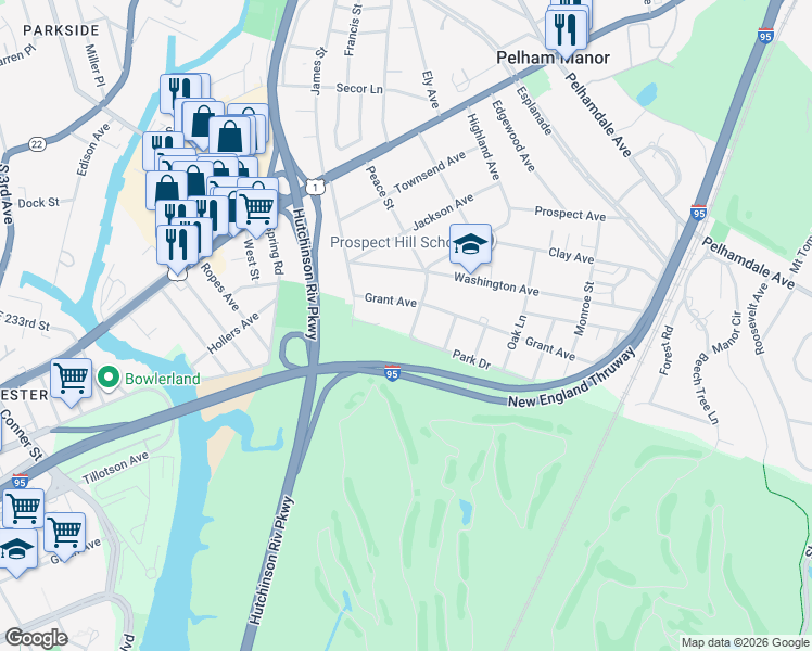 map of restaurants, bars, coffee shops, grocery stores, and more near 947 Grant Avenue in Pelham Manor