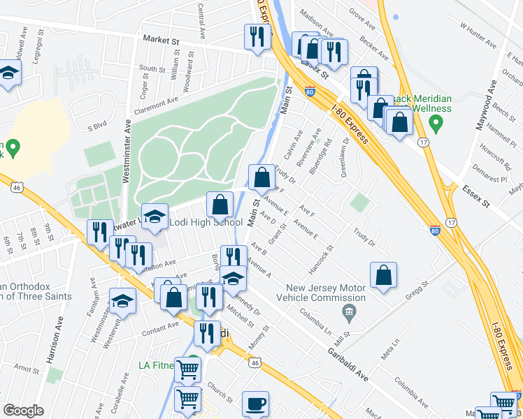 map of restaurants, bars, coffee shops, grocery stores, and more near 452 Main Street in Lodi
