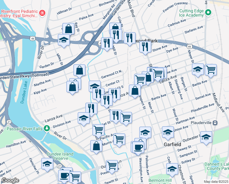 map of restaurants, bars, coffee shops, grocery stores, and more near 43 Garwood Court South in Garfield