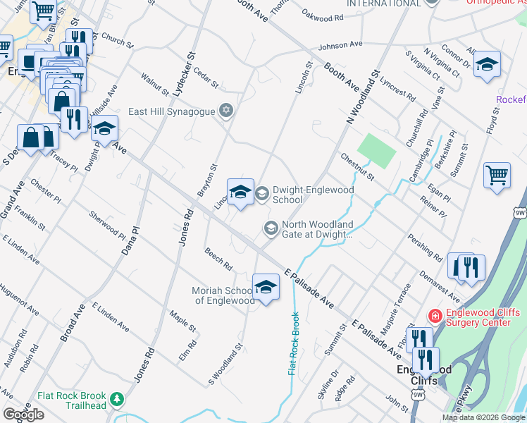 map of restaurants, bars, coffee shops, grocery stores, and more near 315 East Palisade Avenue in Englewood