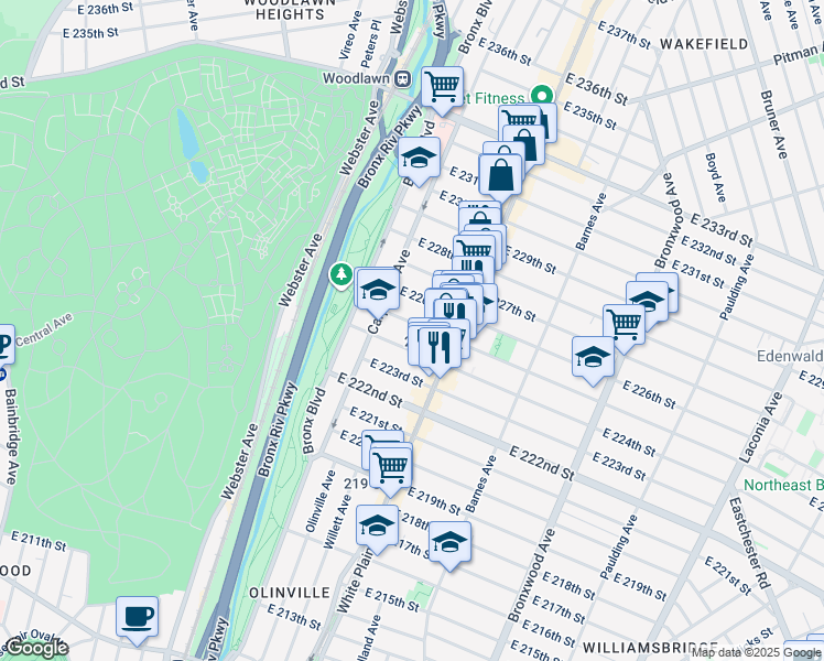 map of restaurants, bars, coffee shops, grocery stores, and more near 669 East 225th Street in Bronx