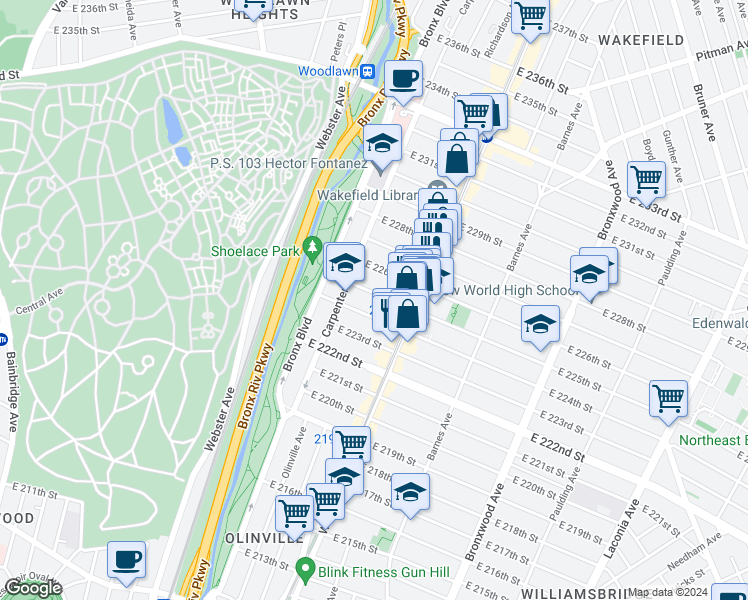 map of restaurants, bars, coffee shops, grocery stores, and more near 669 East 225th Street in Bronx