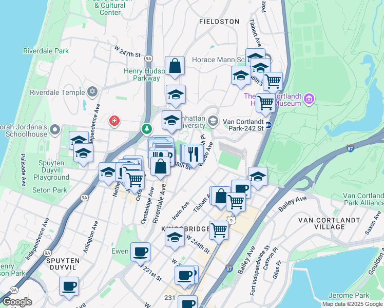 map of restaurants, bars, coffee shops, grocery stores, and more near 3840 Greystone Avenue in Bronx