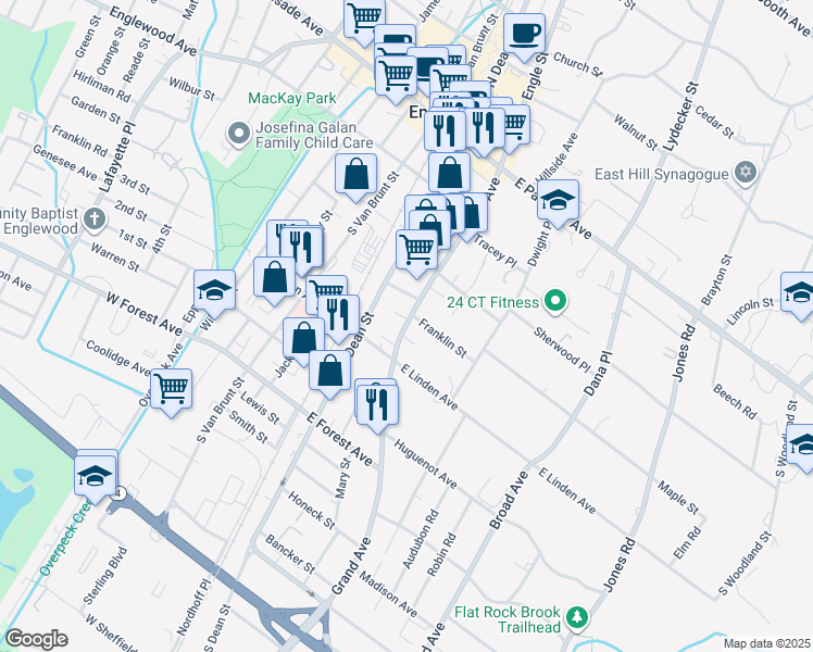 map of restaurants, bars, coffee shops, grocery stores, and more near 158 Grand Avenue in Englewood