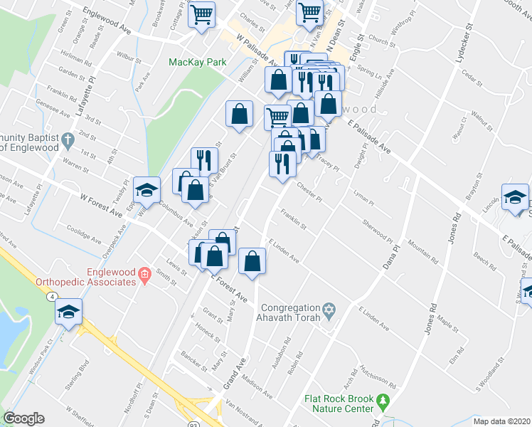 map of restaurants, bars, coffee shops, grocery stores, and more near 158 Grand Avenue in Englewood