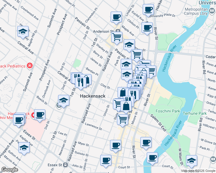 map of restaurants, bars, coffee shops, grocery stores, and more near 134 Clay Street in Hackensack