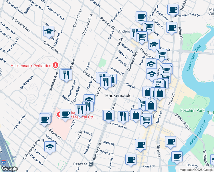 map of restaurants, bars, coffee shops, grocery stores, and more near 195 High Street in Hackensack