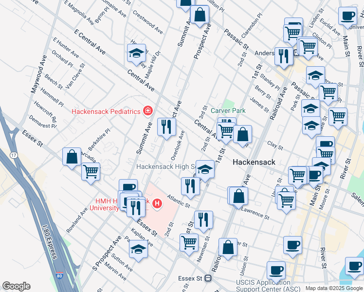 map of restaurants, bars, coffee shops, grocery stores, and more near 284 American Legion Drive in Hackensack