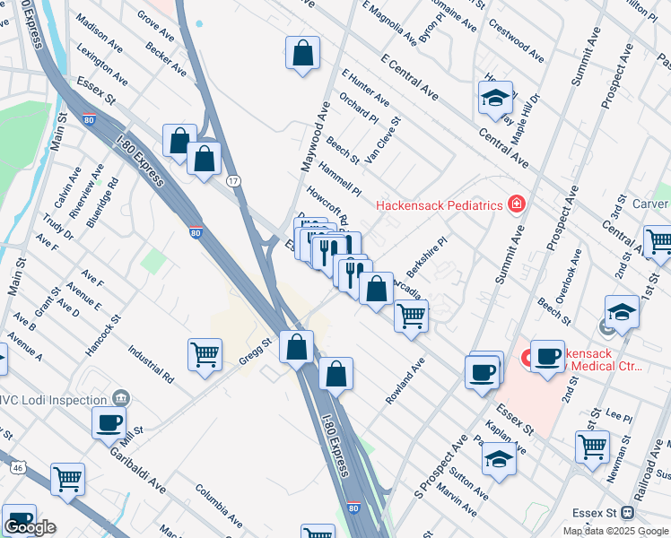 map of restaurants, bars, coffee shops, grocery stores, and more near 20 Maybrook Drive in Maywood