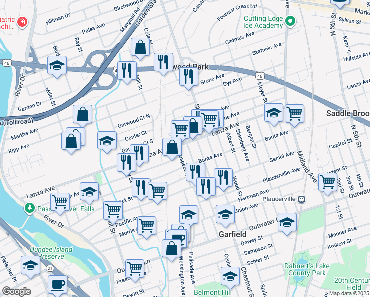 map of restaurants, bars, coffee shops, grocery stores, and more near 299 Lanza Avenue in Garfield