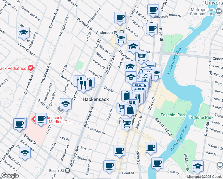 map of restaurants, bars, coffee shops, grocery stores, and more near 134 Clay Street in Hackensack