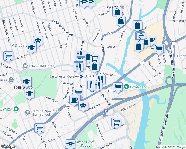 map of restaurants, bars, coffee shops, grocery stores, and more near 1630 East 233rd Street in The Bronx