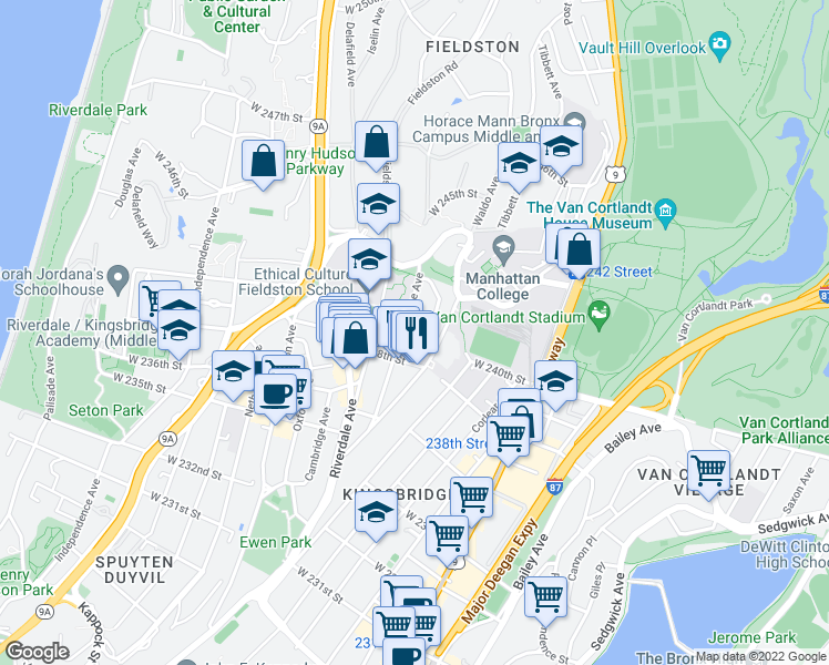 map of restaurants, bars, coffee shops, grocery stores, and more near 3840 Greystone Avenue in Bronx