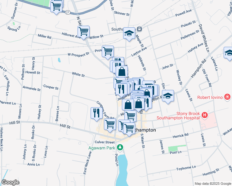 map of restaurants, bars, coffee shops, grocery stores, and more near 165 Windmill Lane in Southampton
