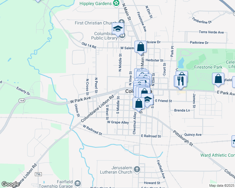 map of restaurants, bars, coffee shops, grocery stores, and more near 208 West Park Avenue in Columbiana