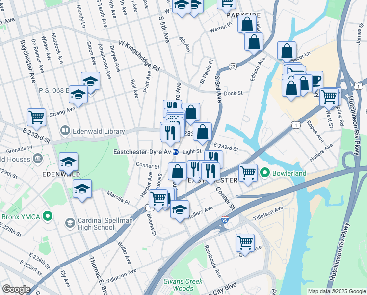 map of restaurants, bars, coffee shops, grocery stores, and more near 3816 Rombouts Avenue in The Bronx