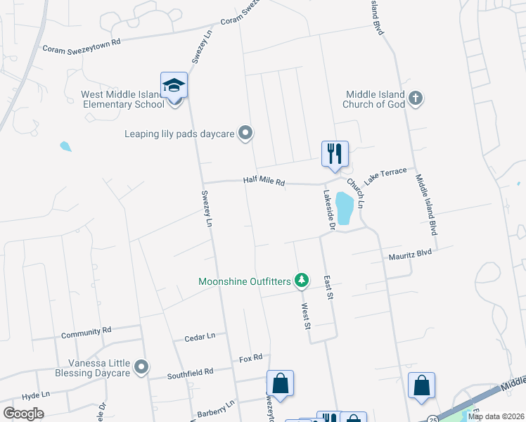 map of restaurants, bars, coffee shops, grocery stores, and more near 9 Swezeytown Road South in Middle Island