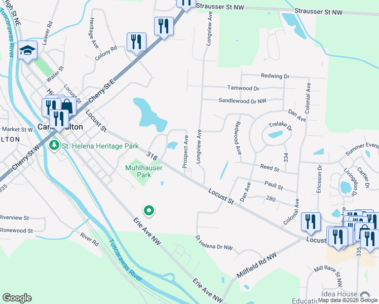 map of restaurants, bars, coffee shops, grocery stores, and more near 551 Lakeview Drive in Canal Fulton