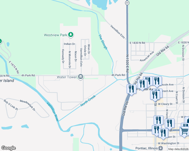 map of restaurants, bars, coffee shops, grocery stores, and more near 1201 4h Park Road in Pontiac