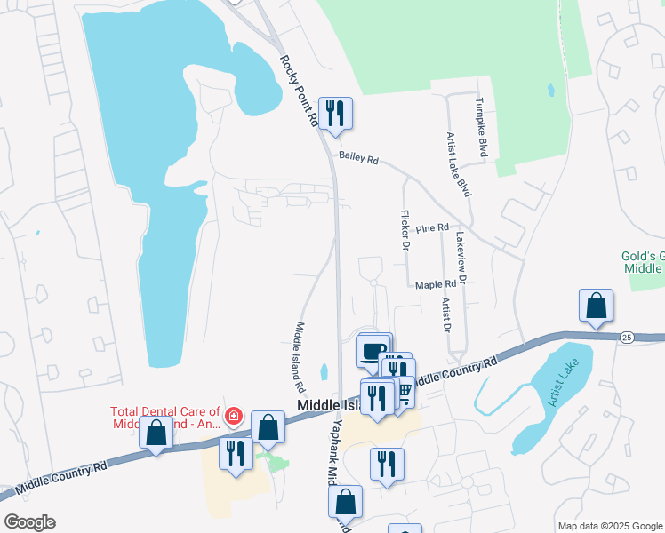map of restaurants, bars, coffee shops, grocery stores, and more near 128 Rocky Point Road in Middle Island