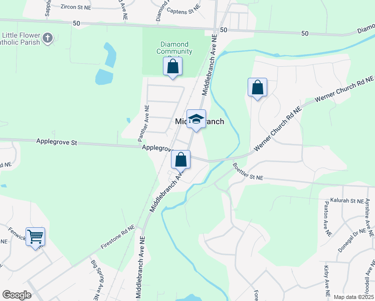 map of restaurants, bars, coffee shops, grocery stores, and more near 7475 Middlebranch Avenue Northeast in Canton